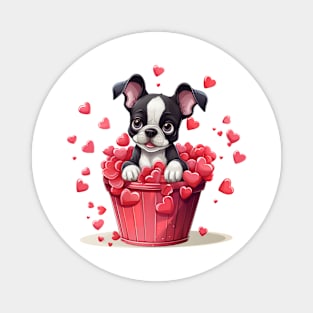 Cartoon Boston Terrier Dog in Hearts Basket Magnet